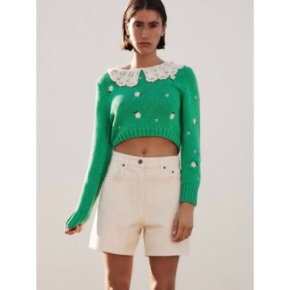 NEW ZARA Women’s Small Floral Embroidered Cropped Sweater - Picture 2 of 8